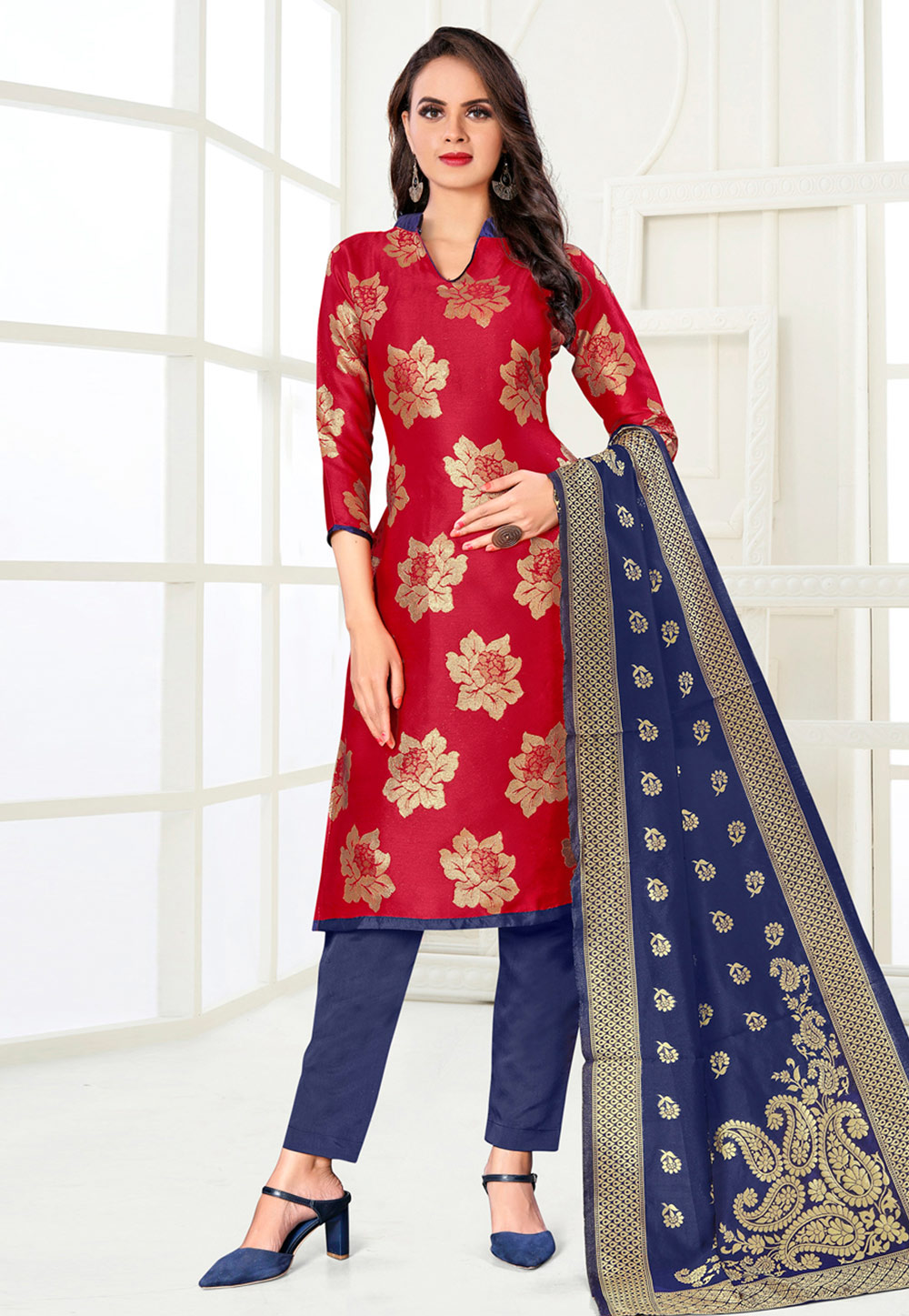 Maroon Banarasi Silk Pant Style Suit 233141