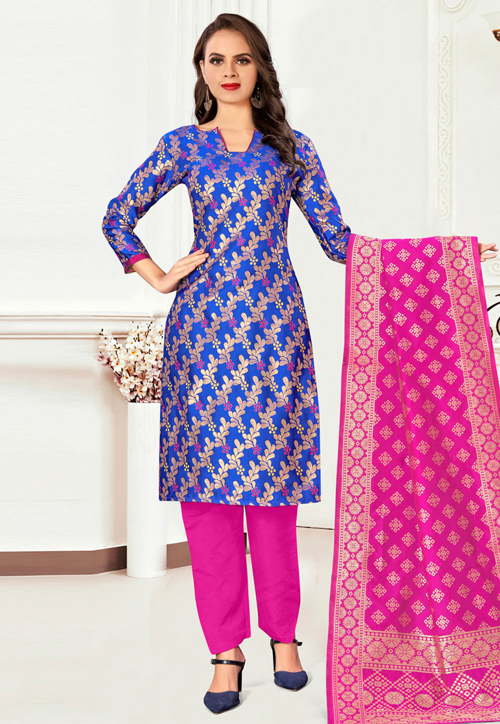 Blue Banarasi Silk Pant Style Suit 233142