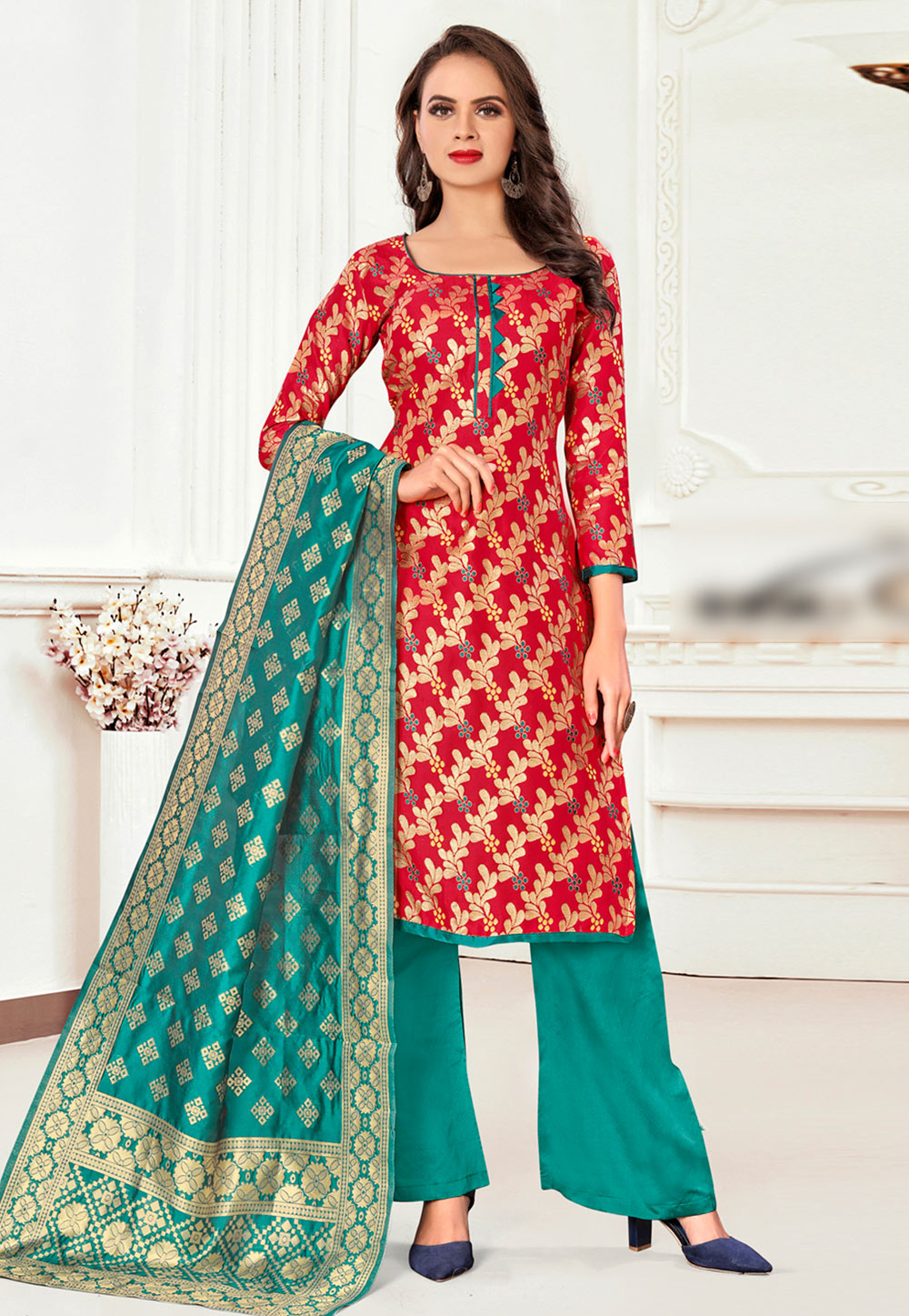 Red Banarasi Silk Palazzo Suit 233143