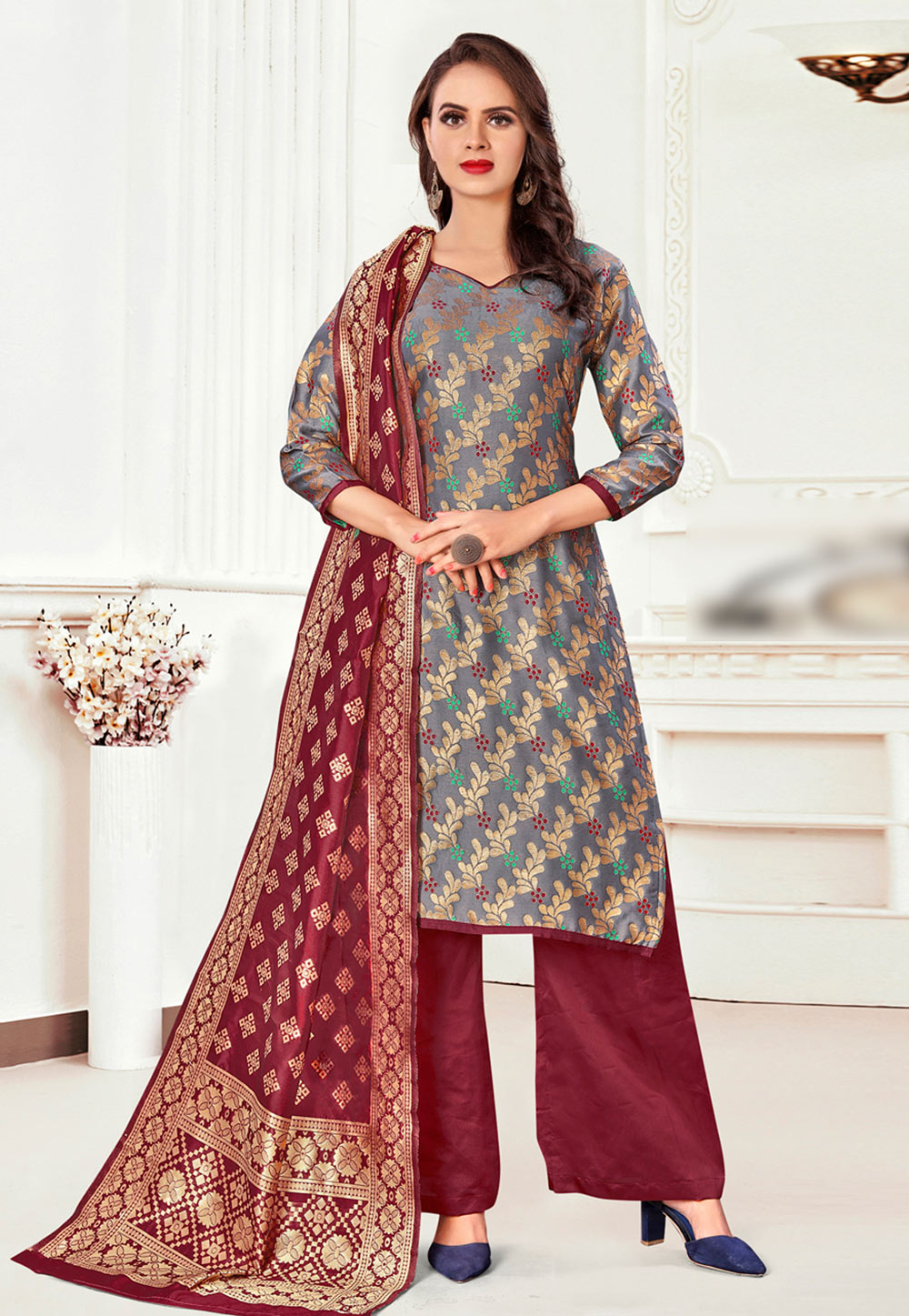 Grey Banarasi Silk Palazzo Suit 233144