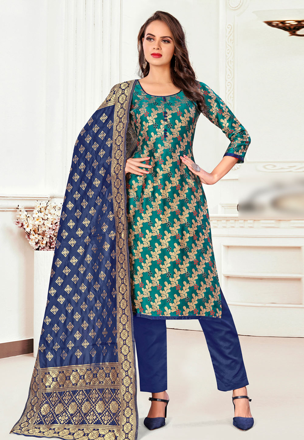 Teal Banarasi Silk Pant Style Suit 233146