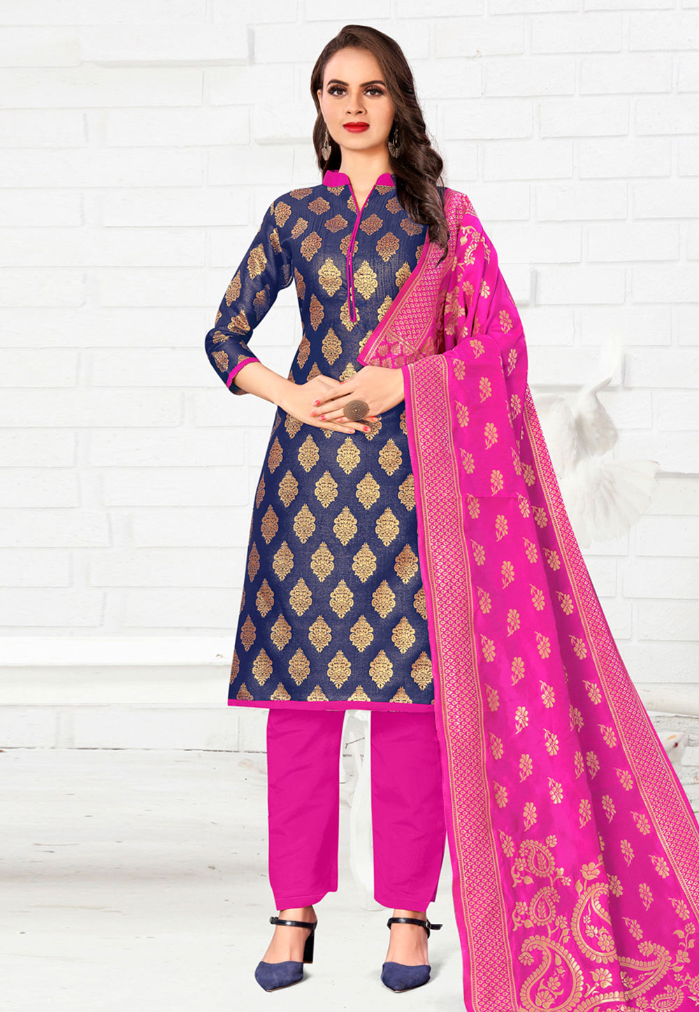 Navy Blue Banarasi Silk Pant Style Suit 233148