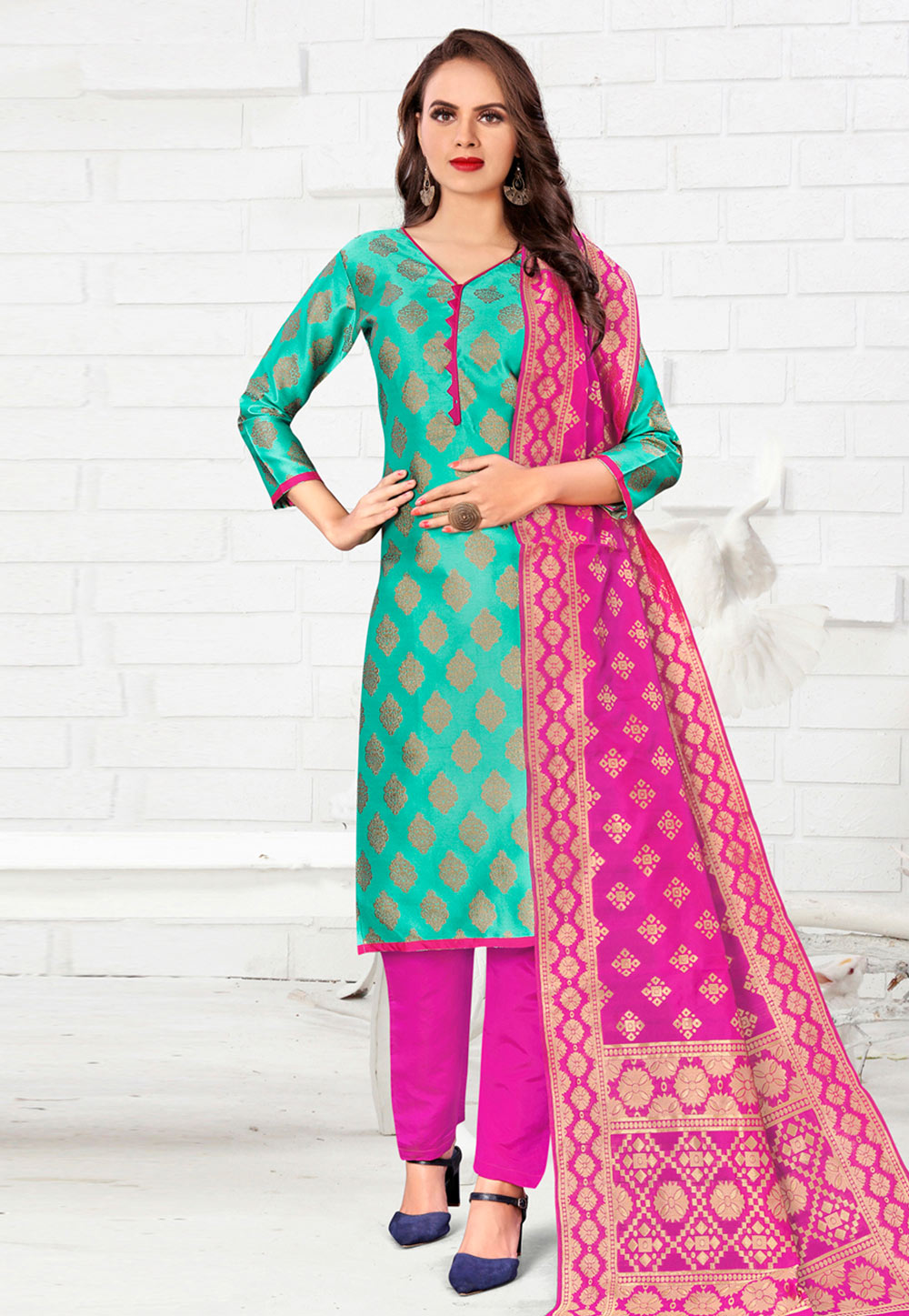 Light Green Banarasi Silk Pant Style Suit 233149
