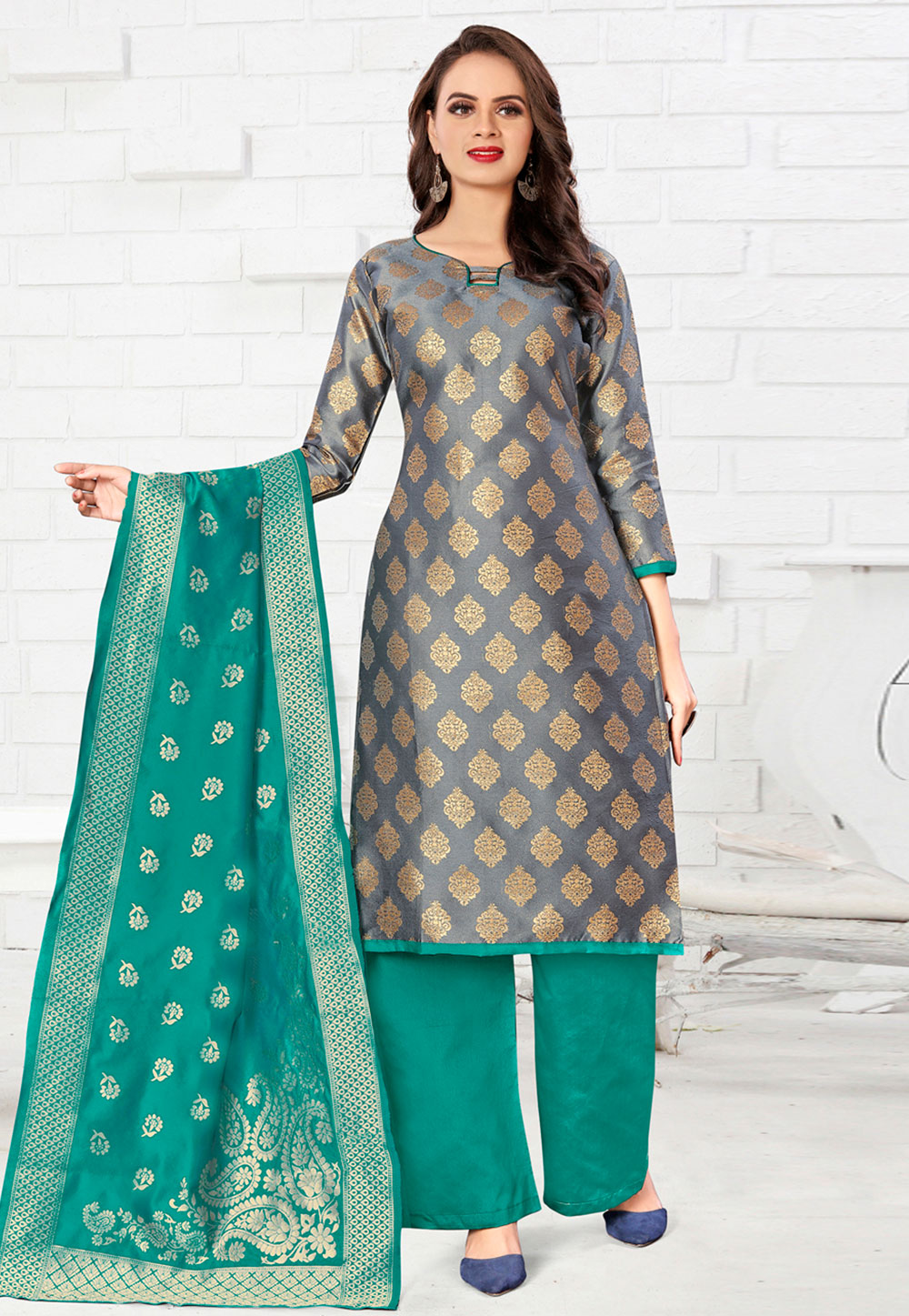 Grey Banarasi Silk Palazzo Suit 233151
