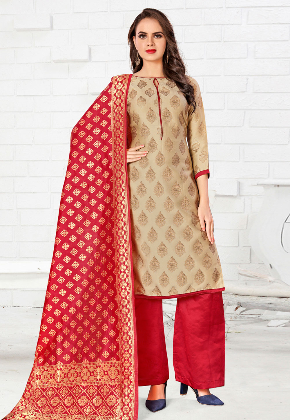 Beige Banarasi Silk Palazzo Suit 233152