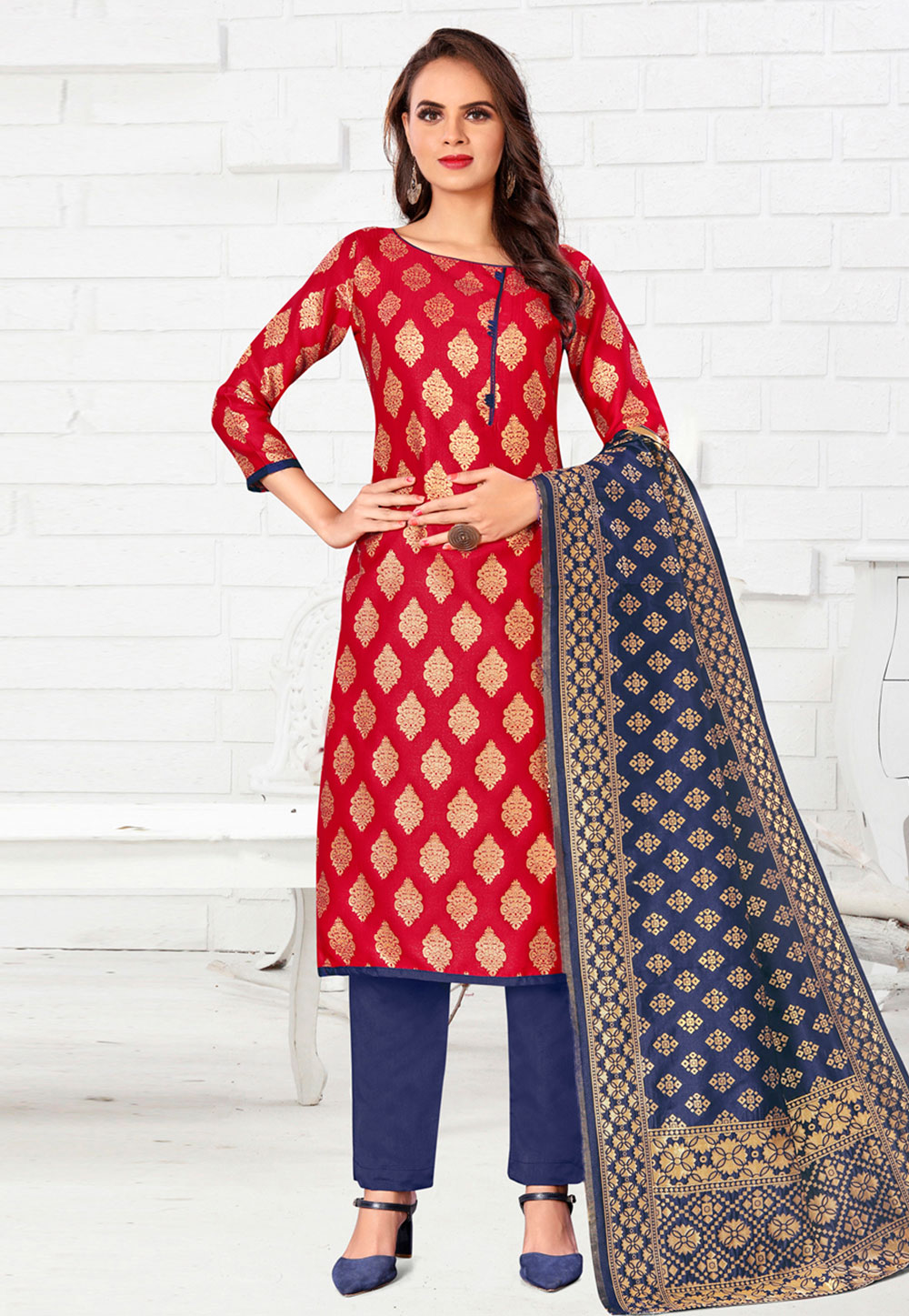 Maroon Banarasi Silk Pant Style Suit 233153