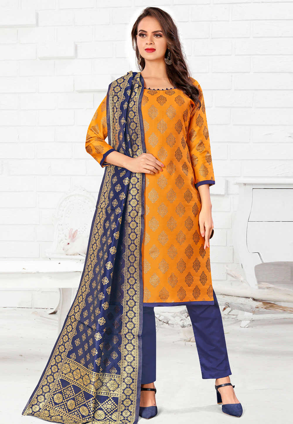 Yellow Banarasi Silk Pant Style Suit 233154