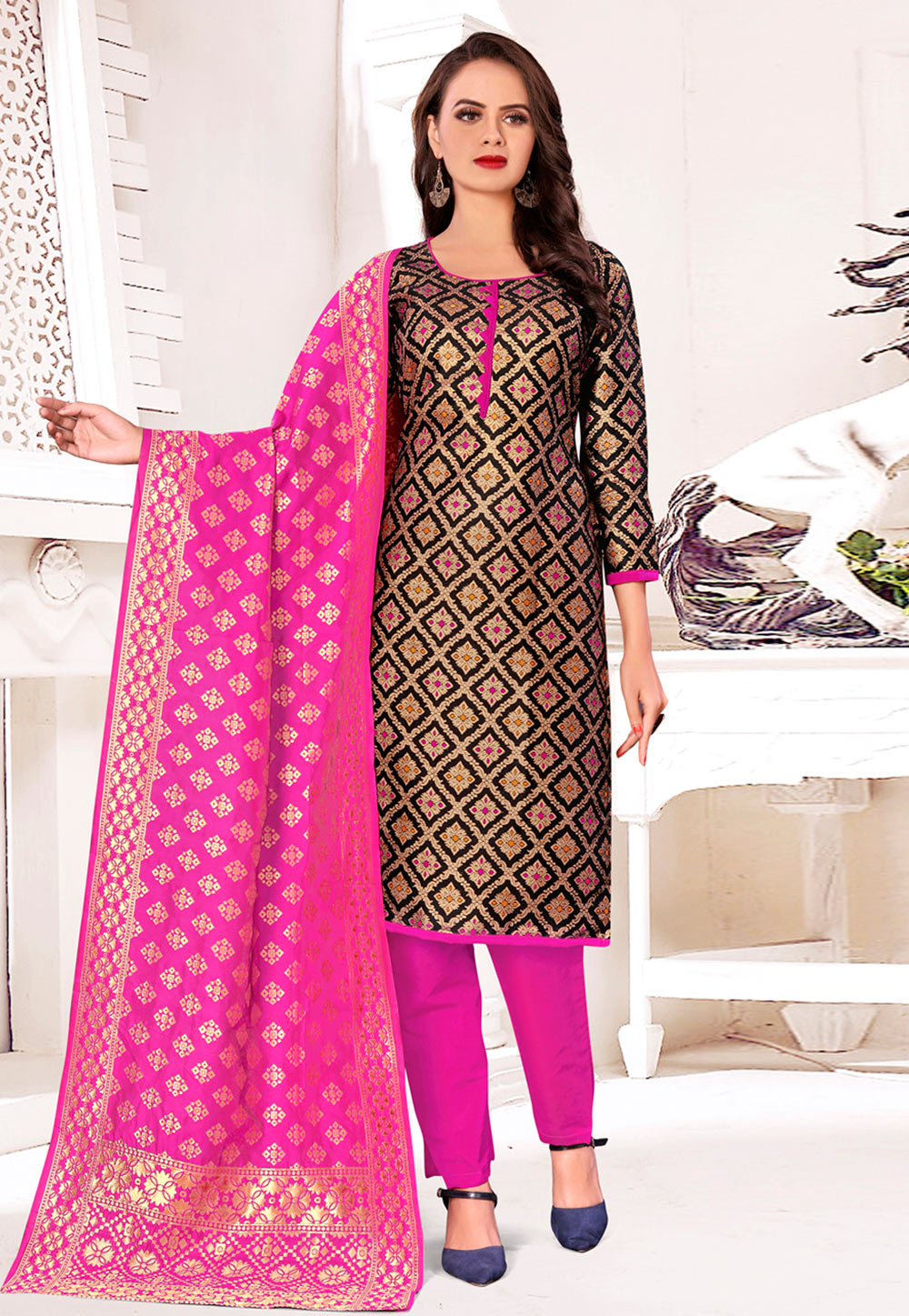 Black Banarasi Silk Pant Style Suit 233156