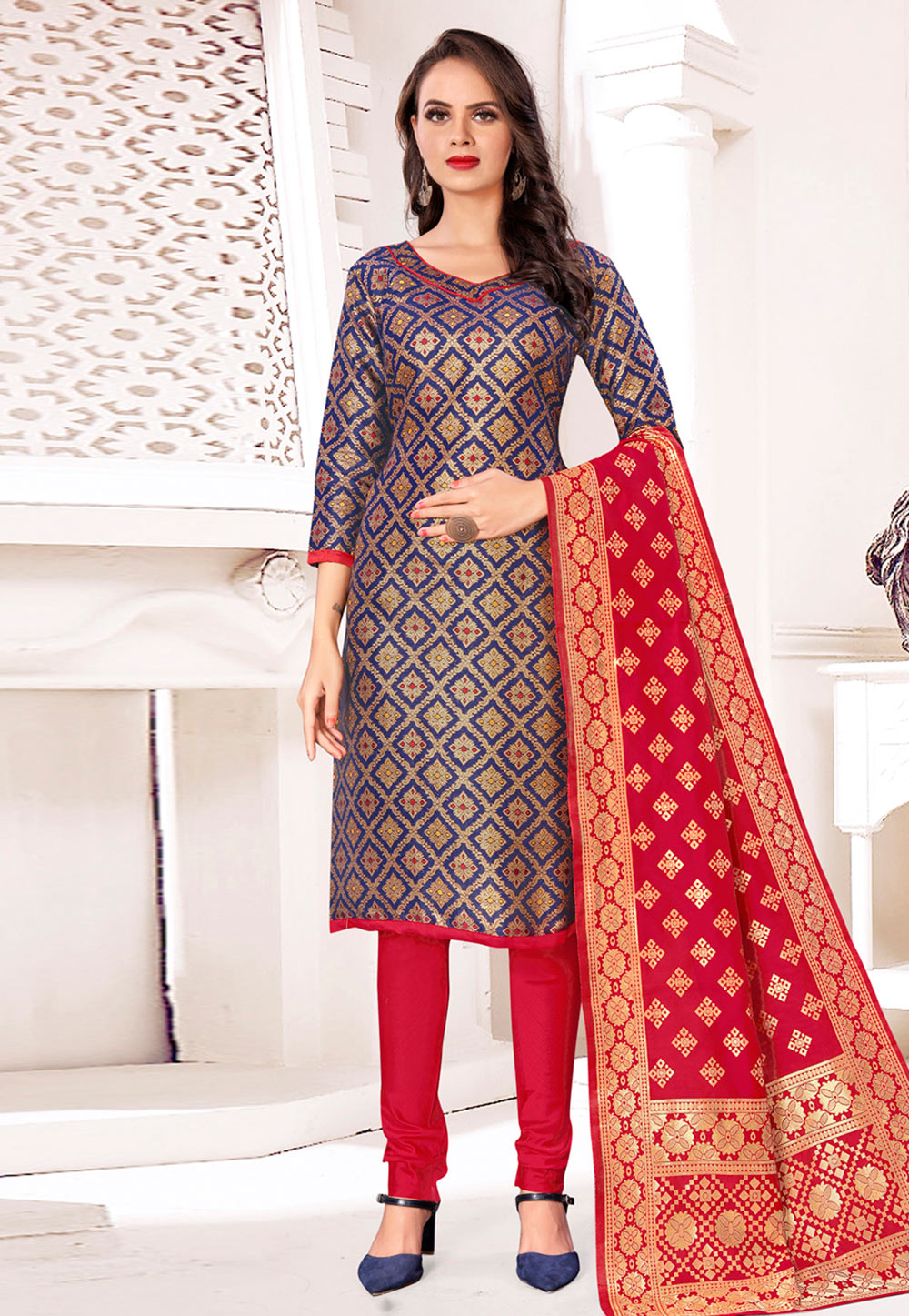 Navy Blue Banarasi Silk Churidar Salwar Suit 233158