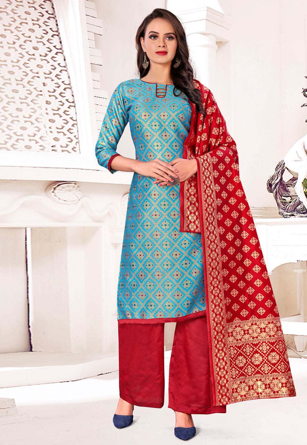 Sky Blue Banarasi Silk Palazzo Suit 233159
