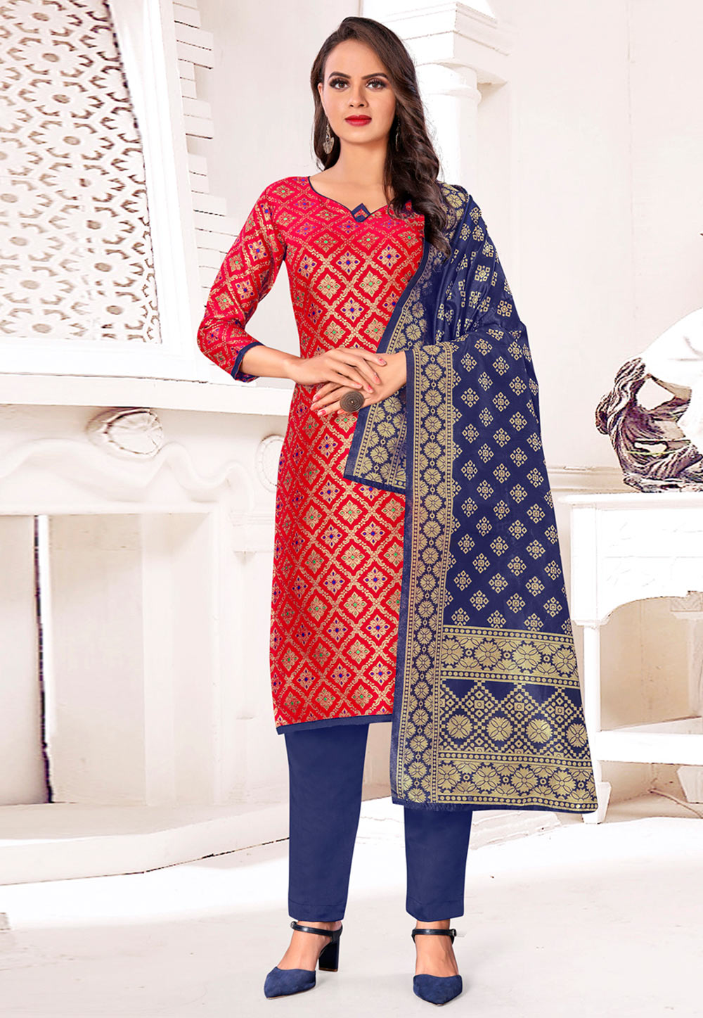 Red Banarasi Silk Pant Style Suit 233160