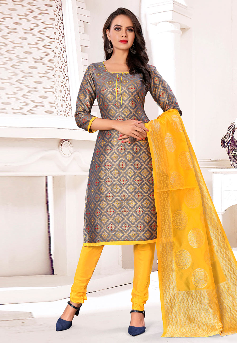Grey Banarasi Silk Churidar Salwar Suit 233161