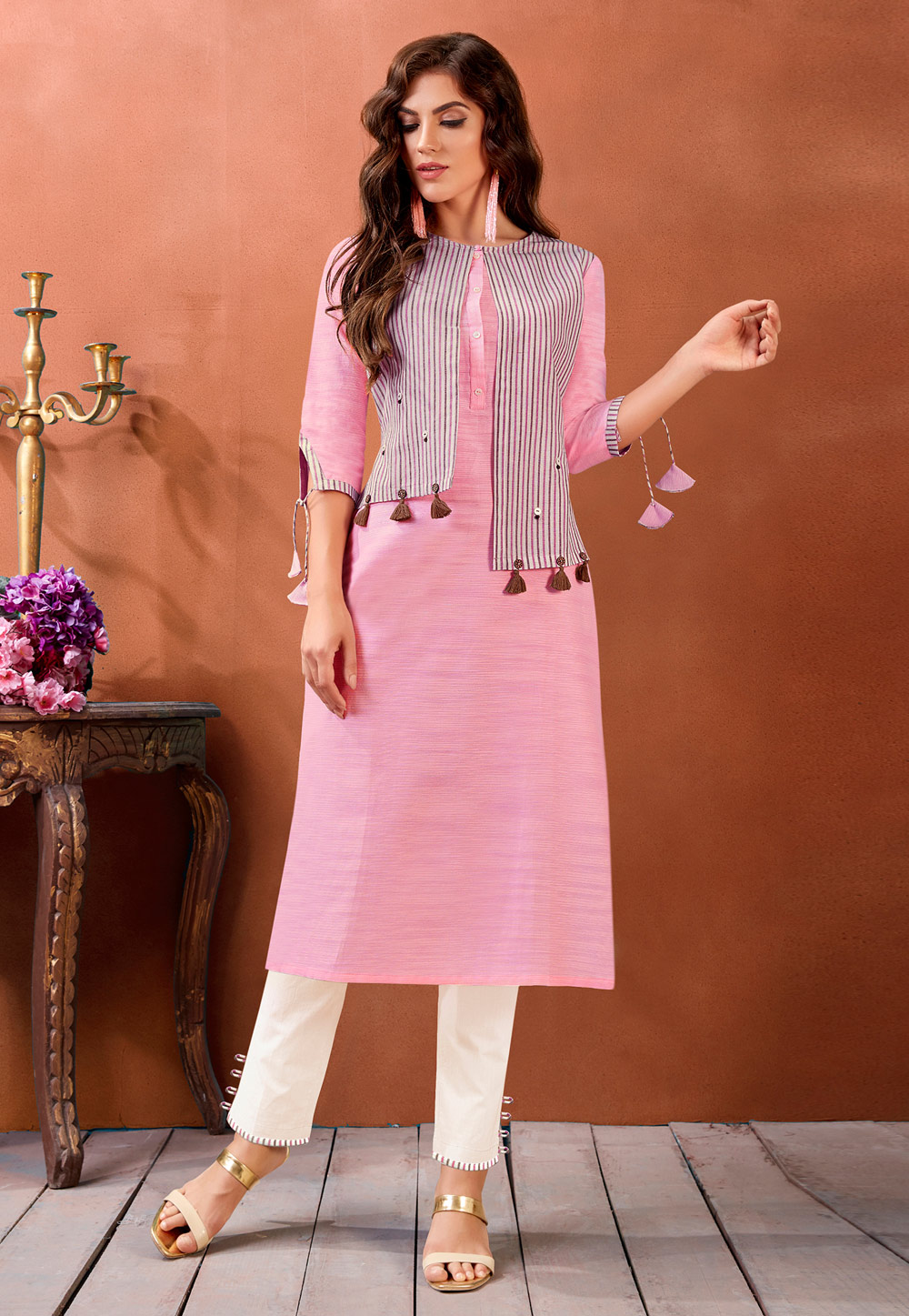 Pink Cotton Jacket Style Kurta Set With Pant 235920