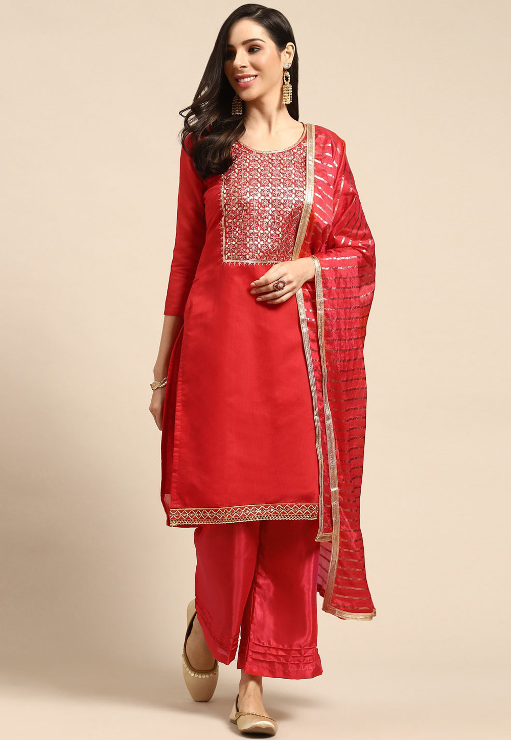Red Chanderi Palazzo Suit 237463