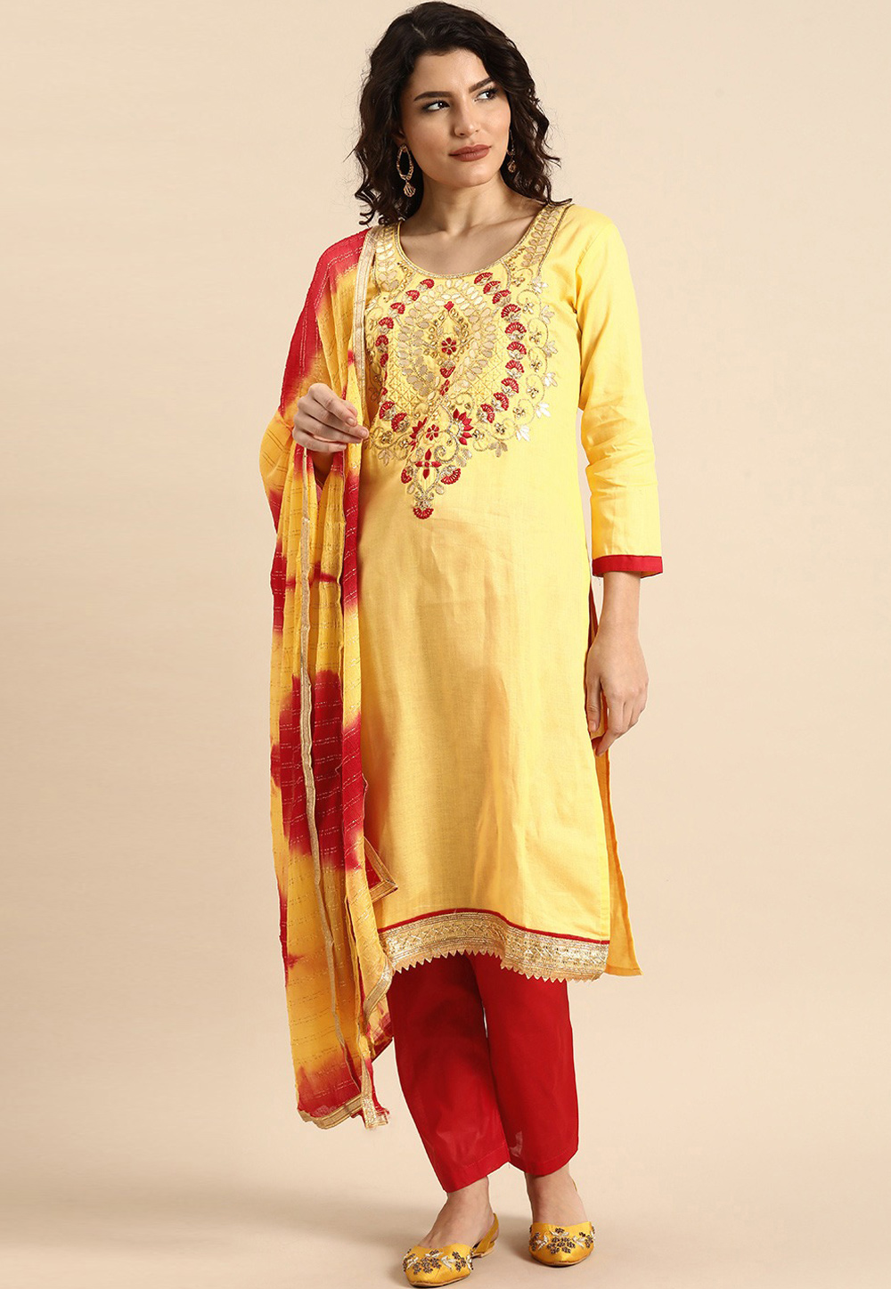 Yellow Cotton Pant Style Suit 237469