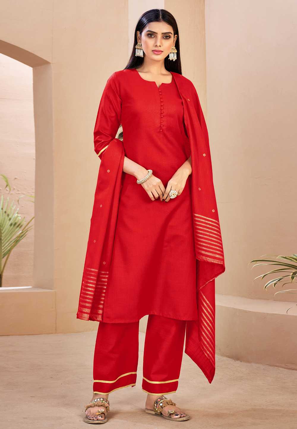 Red Rayon Readymade Palazzo Suit 237845