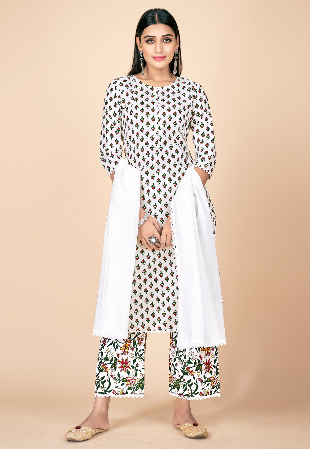 Off White Rayon Readymade Palazzo Suit 237834