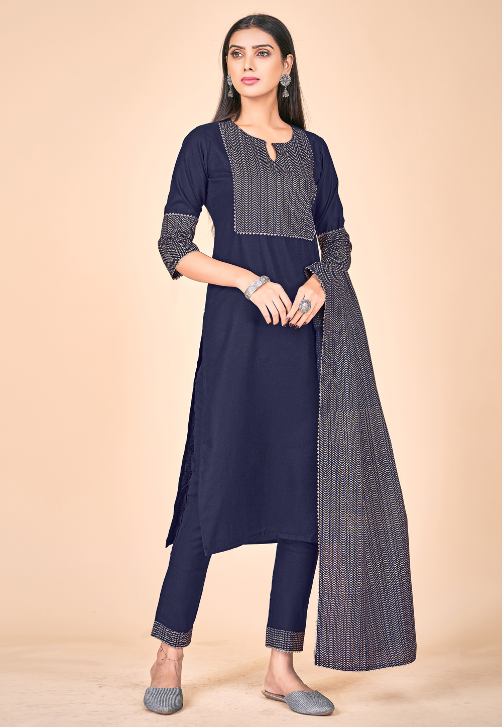 Navy Blue Rayon Readymade Kameez With Pant 237836