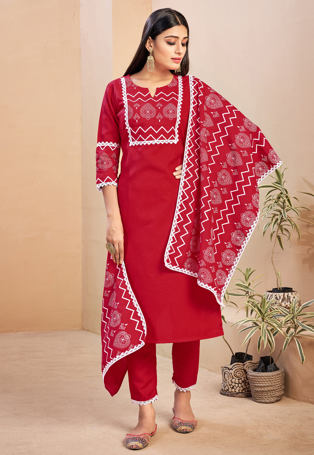 Red Rayon Readymade Pant Style Suit 237839