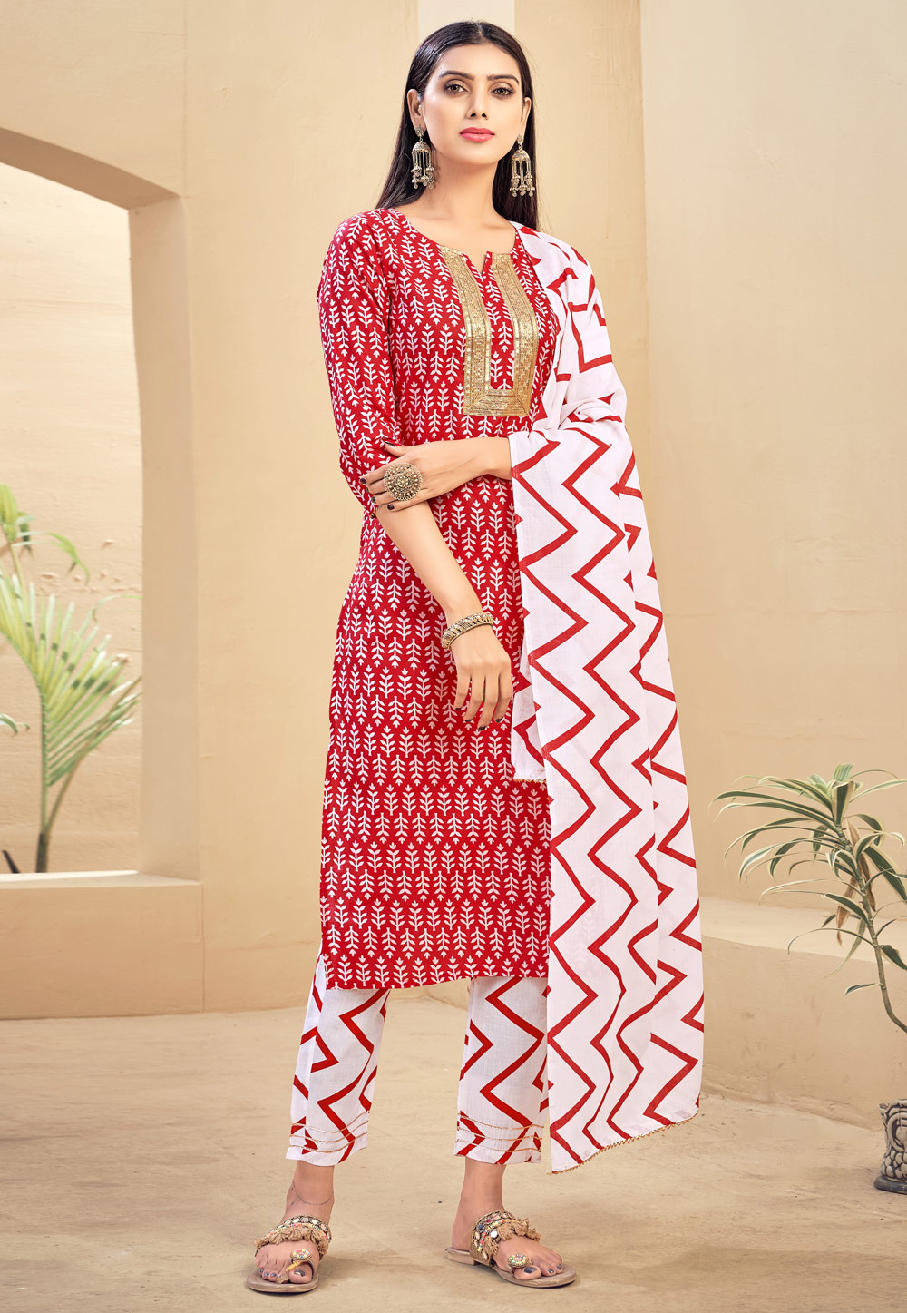 Red Rayon Readymade Pant Style Suit 237843