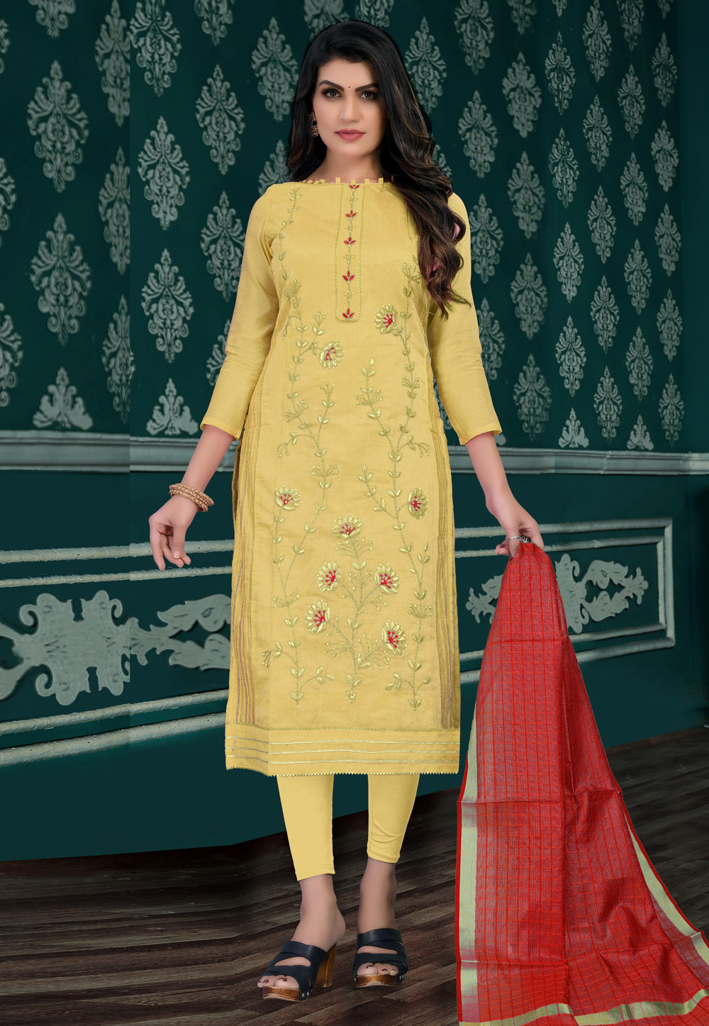 Yellow Chanderi Churidar Salwar Suit 238902