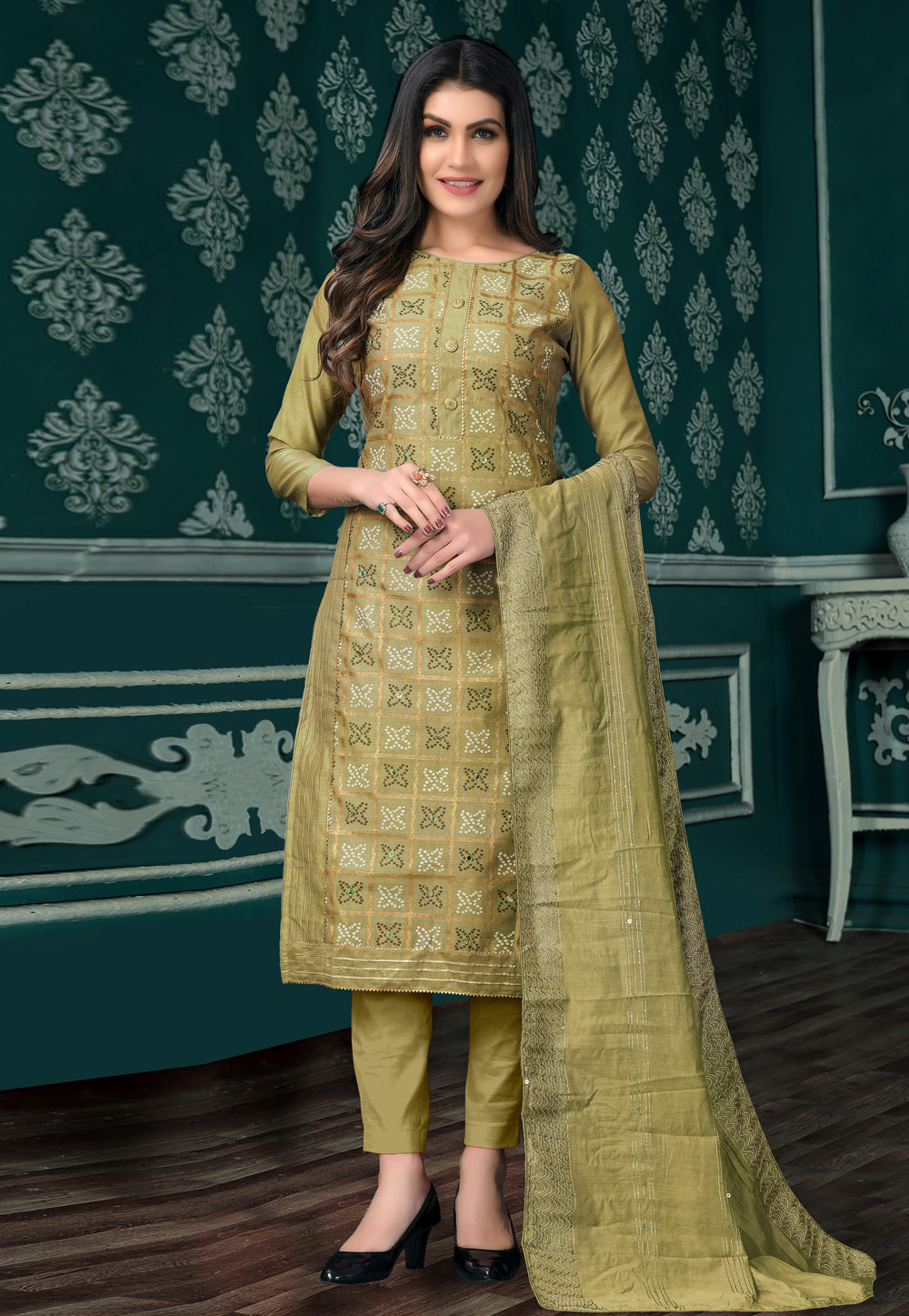 Mehndi Chanderi Pant Style Suit 238903