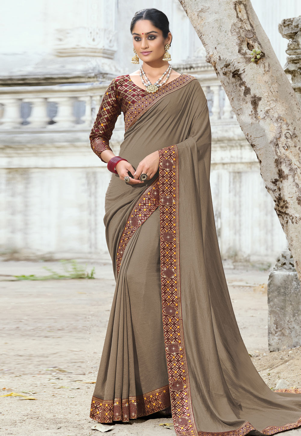 Brown Poly Silk Festival Wear Saree 239137