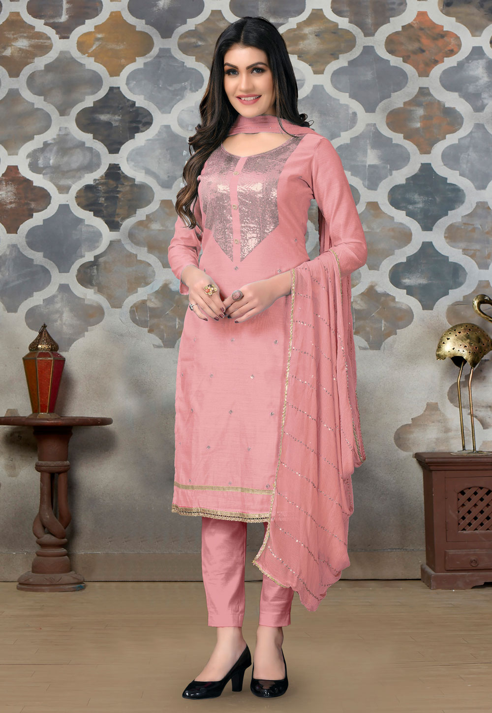 Pink Chanderi Pant Style Suit 240032
