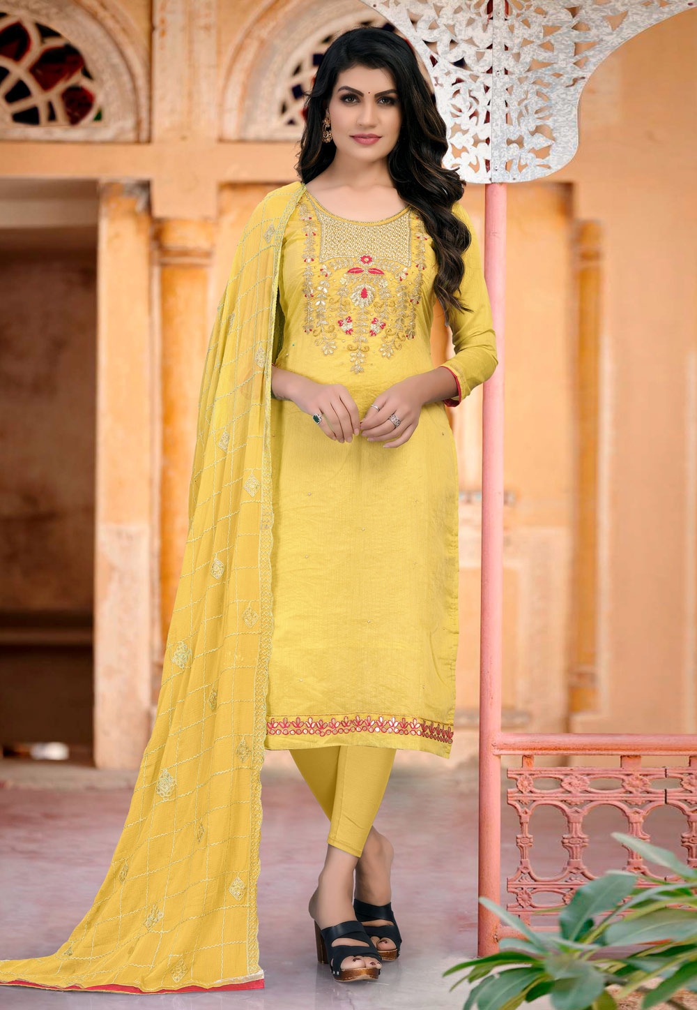 Yellow Chanderi Churidar Suit 240017