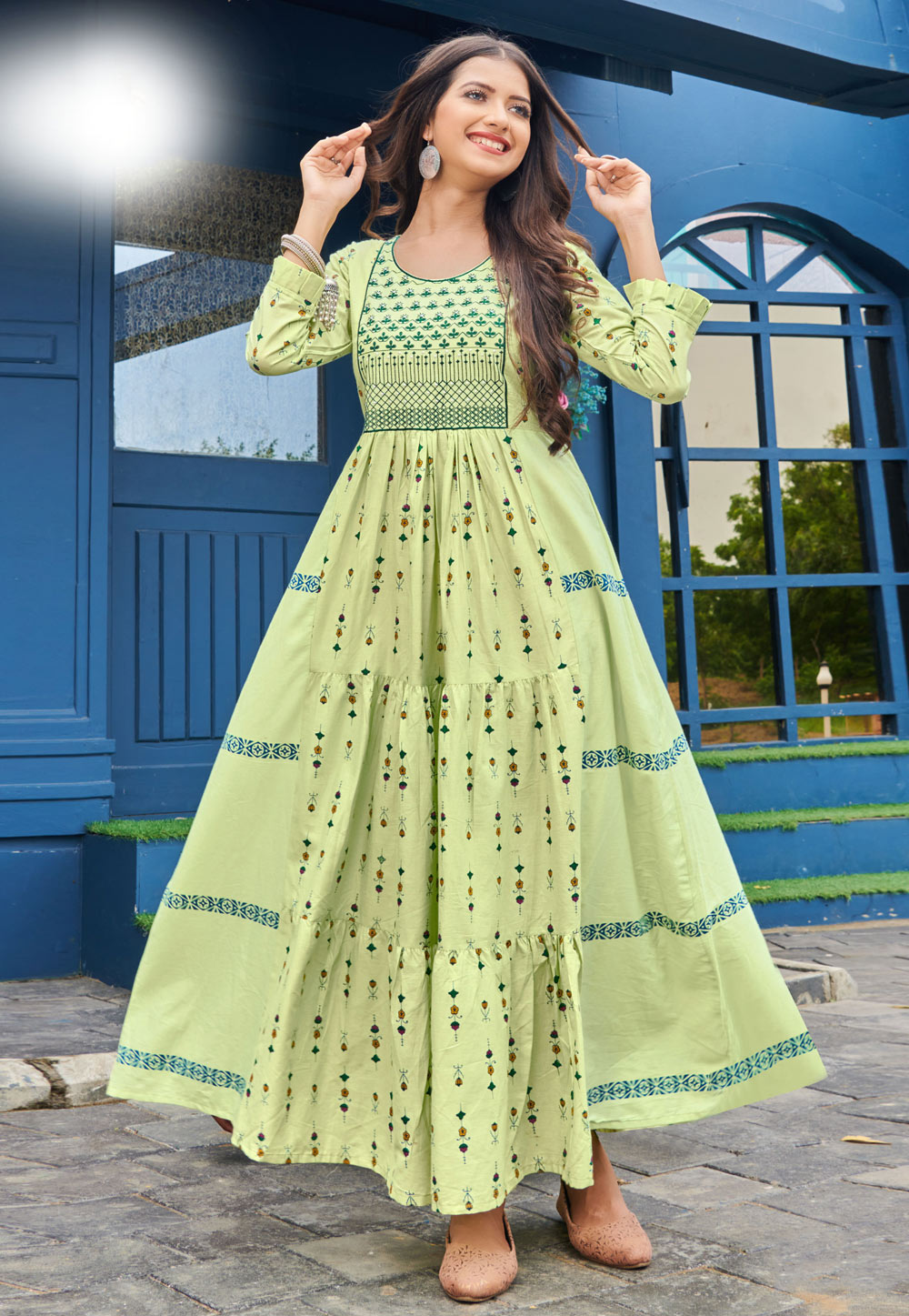 Pista Green Cotton Cambric Gown 240243