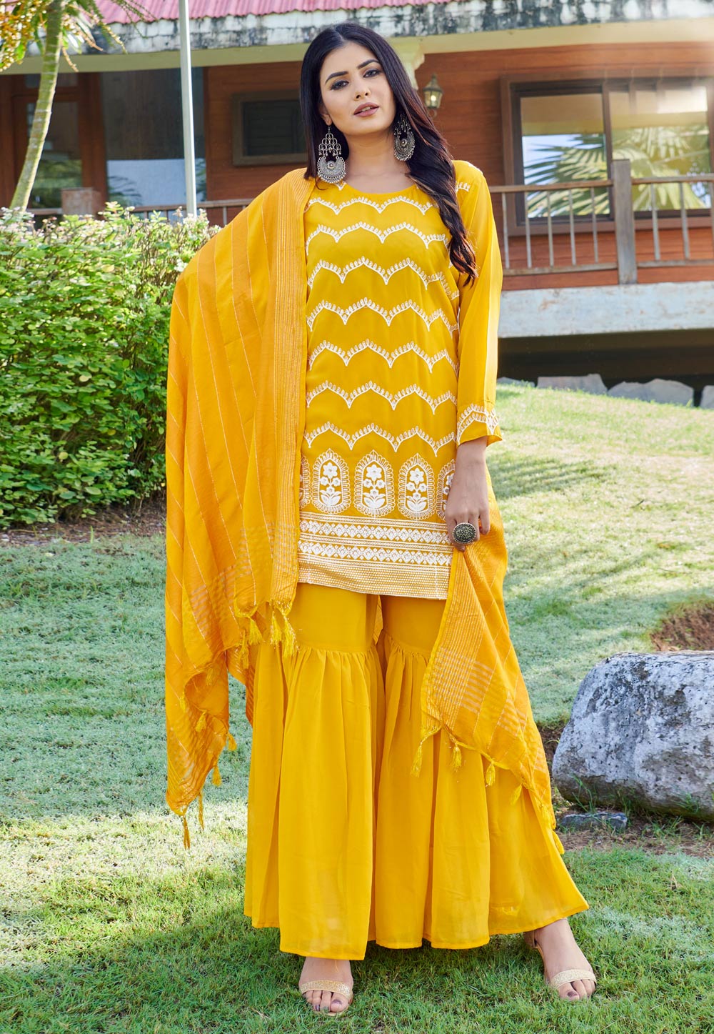 Yellow Faux Georgette Readymade Sharara Suit 240245