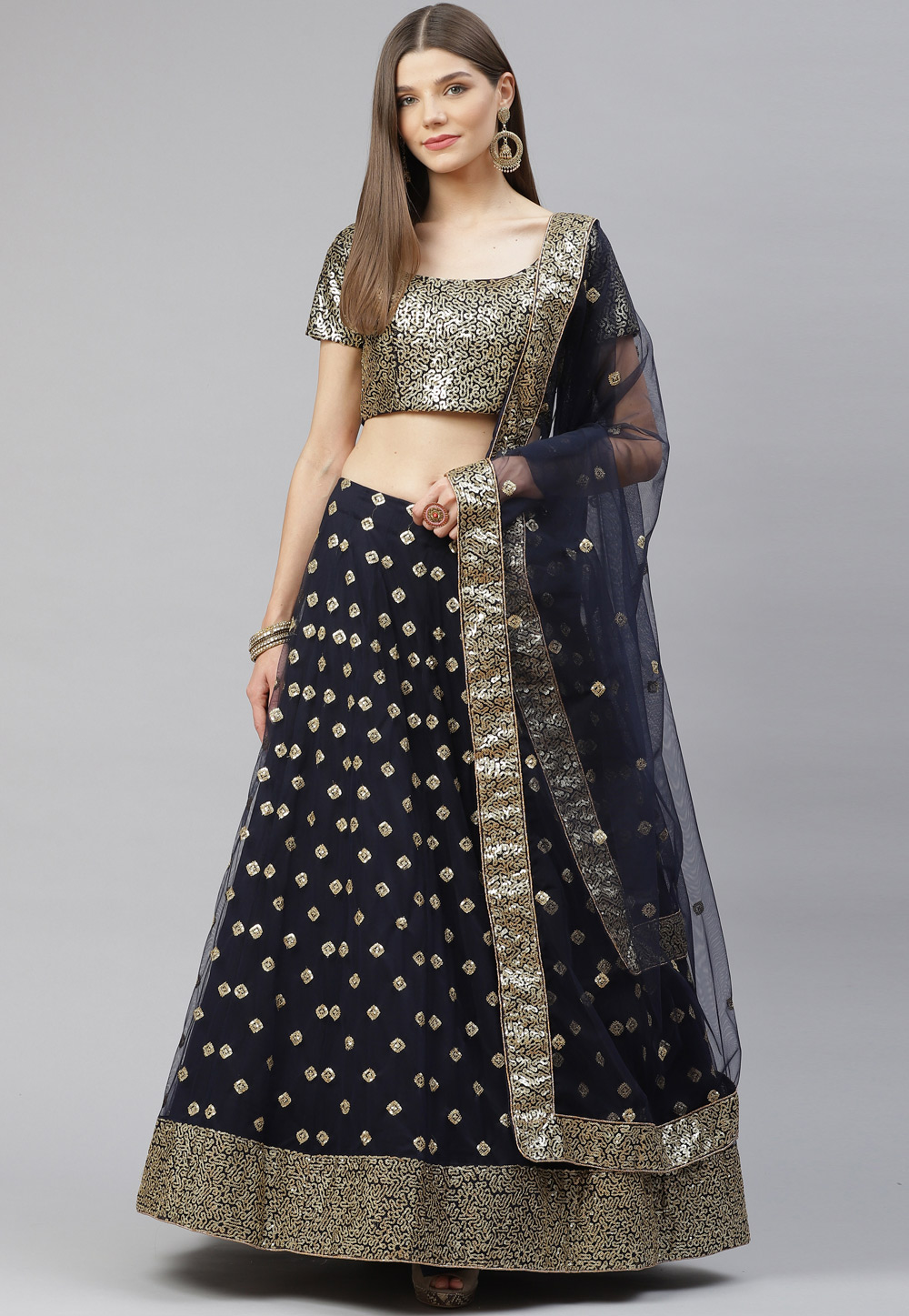 Navy Blue Net Circular Lehenga Choli 240709