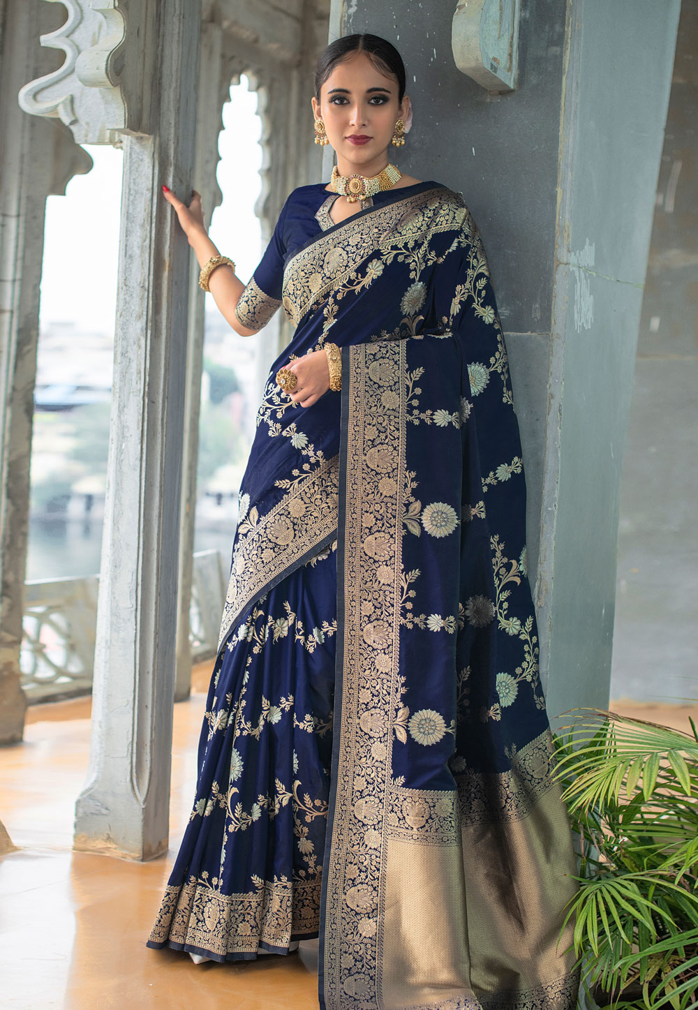 Dark Blue Banarasi Soft Silk Saree