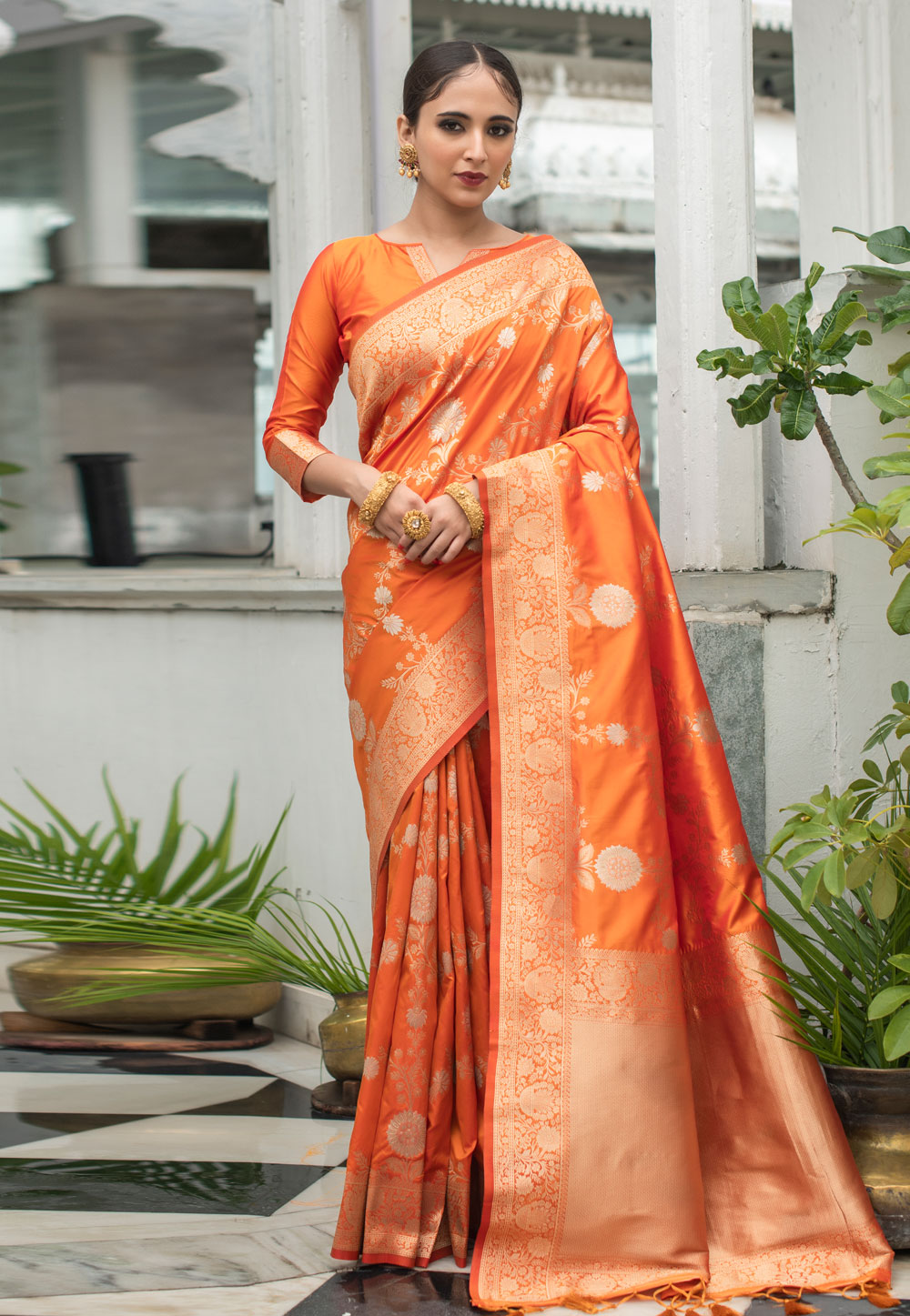 Orange Banarasi Silk Festival Wear Saree 240904