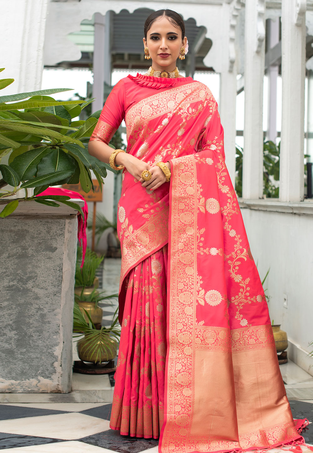 Pink Banarasi Silk Saree With Blouse 240905