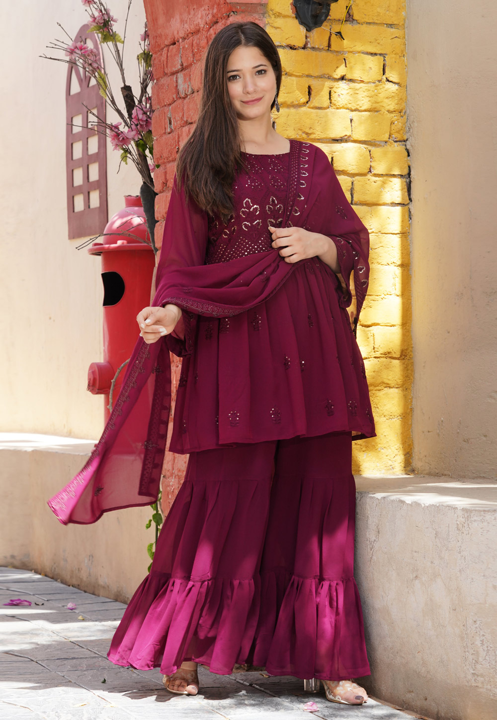 Magenta Faux Georgette Readymade Sharara Suit 241494