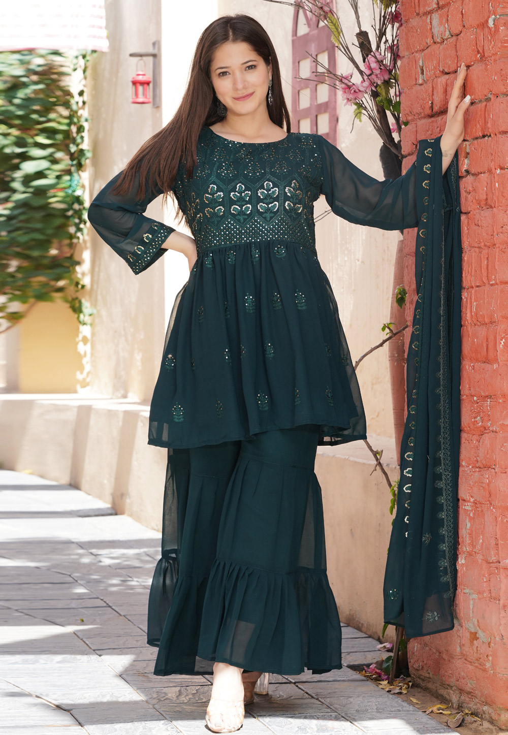 Teal Faux Georgette Readymade Sharara Suit 241495