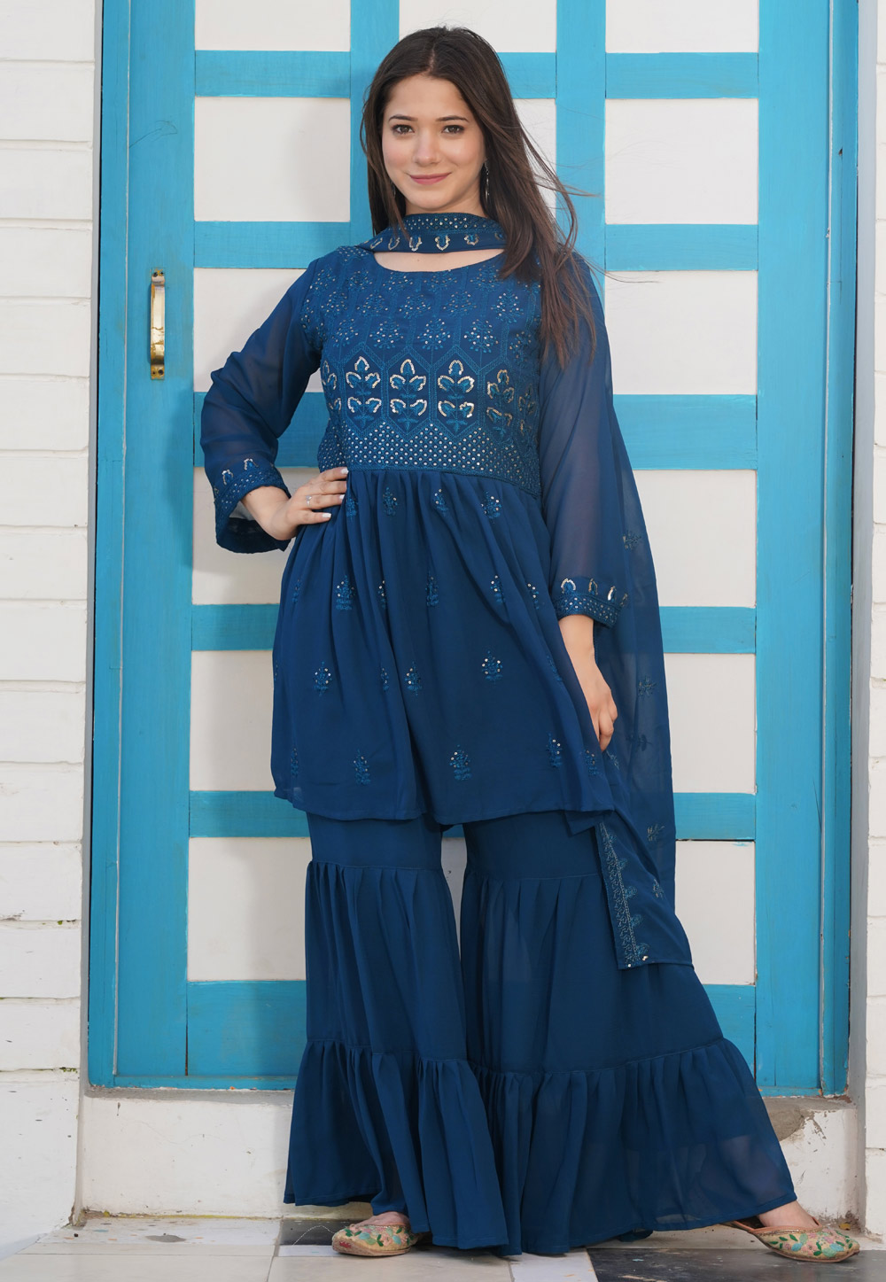 Blue Faux Georgette Readymade Sharara Suit 241496