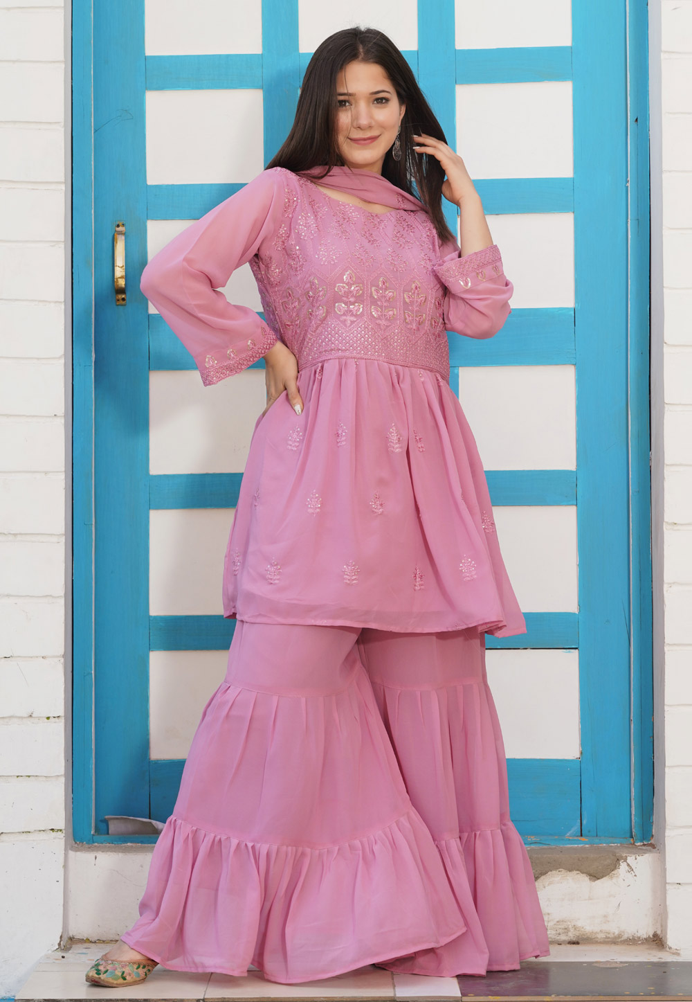 Pink Faux Georgette Readymade Sharara Suit 241497