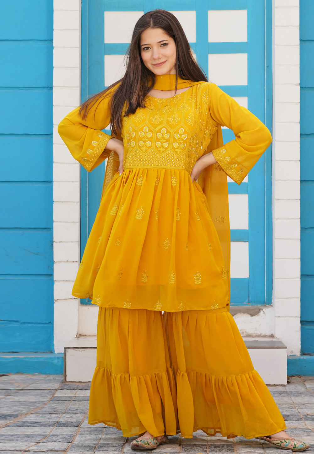Yellow Faux Georgette Readymade Sharara Suit 241499