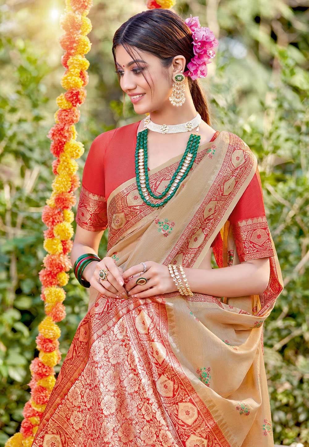 Woven Cotton Saree in Beige : SAT563