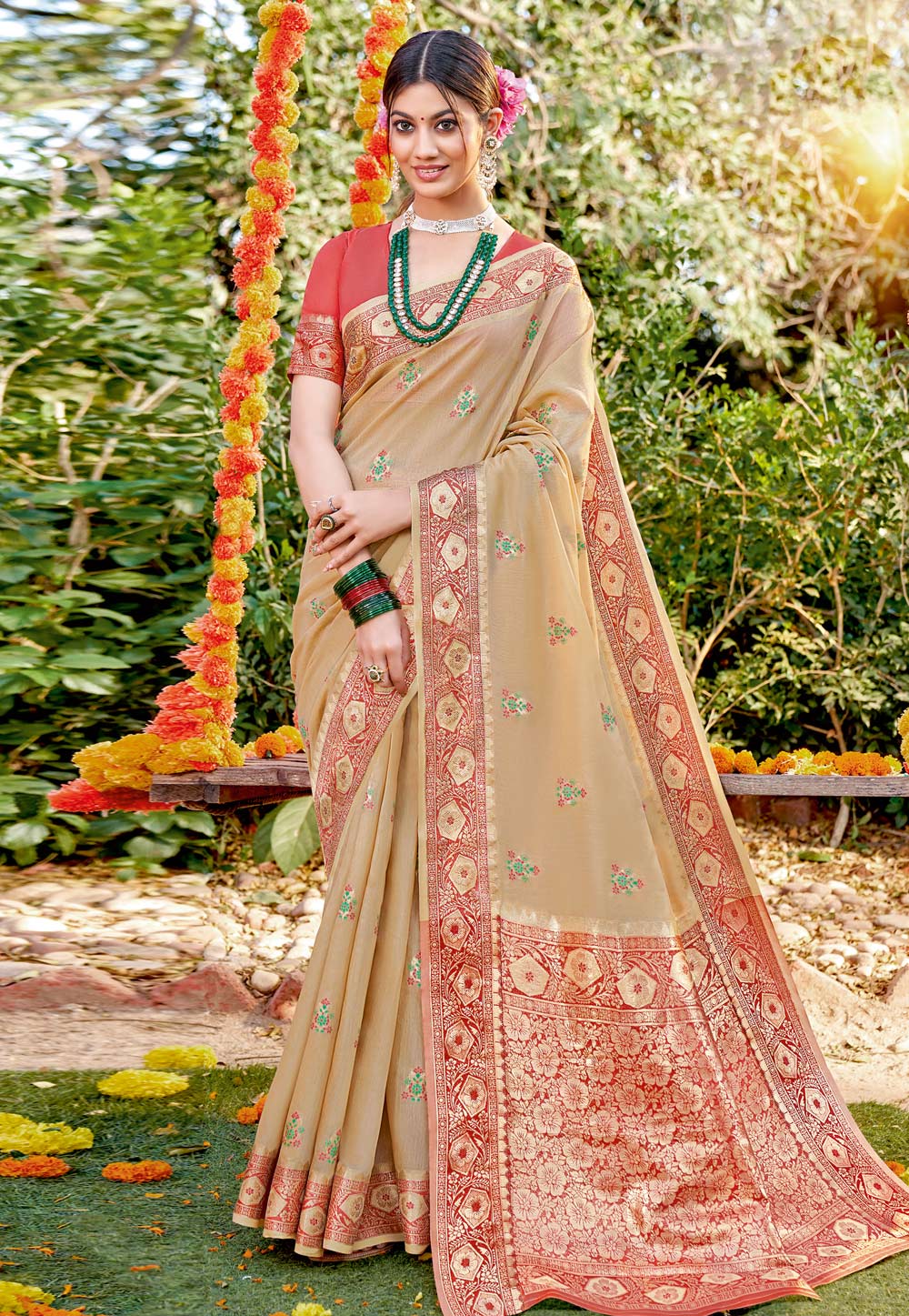 Beige Cotton Saree With Blouse 241809