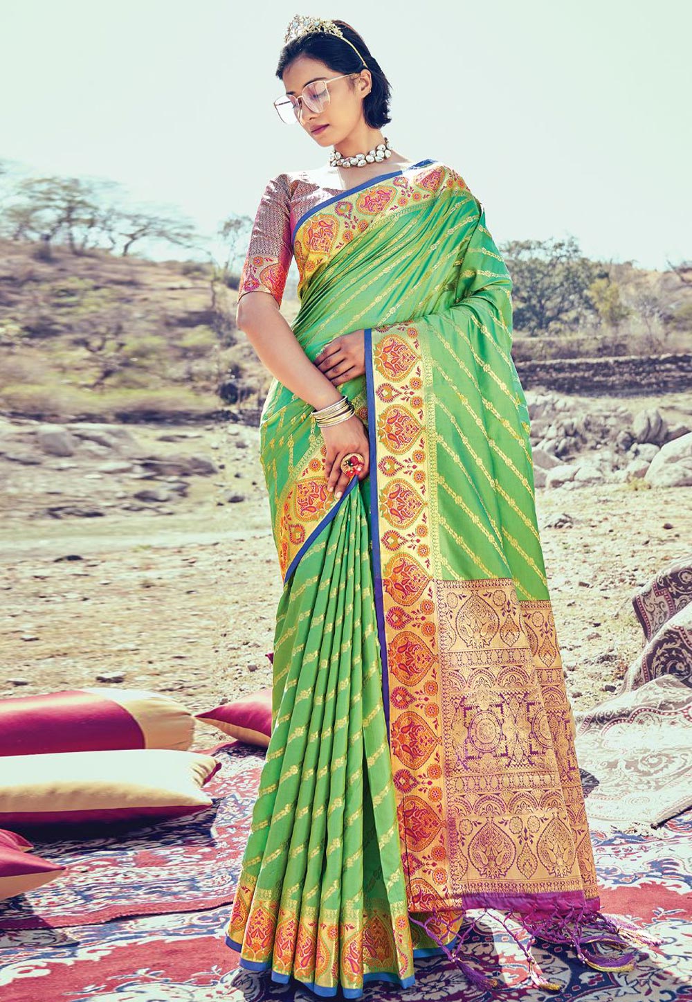 Light Green Banarasi Silk Saree With Blouse 242038