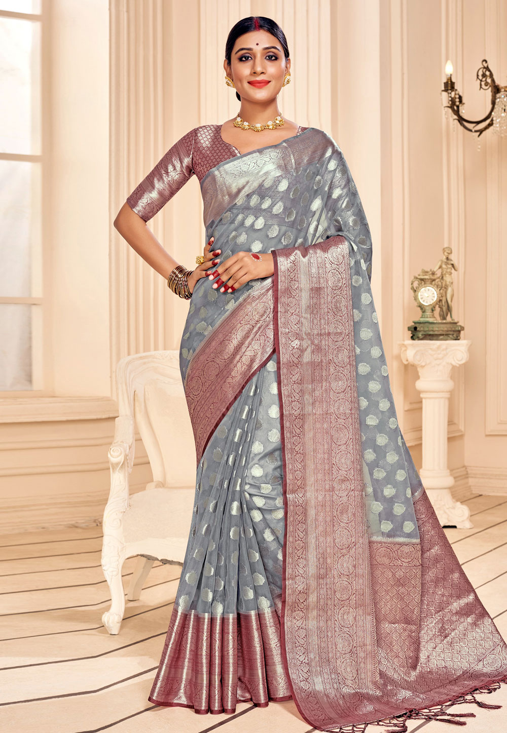 Grey Banarasi Silk Saree With Blouse 242113