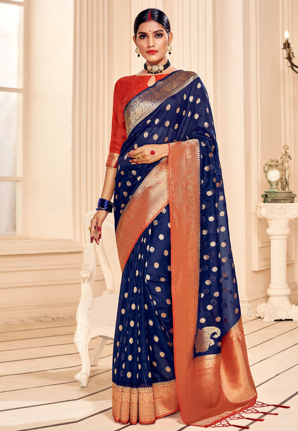 Navy Blue Banarasi Silk Festival Wear Saree 242114