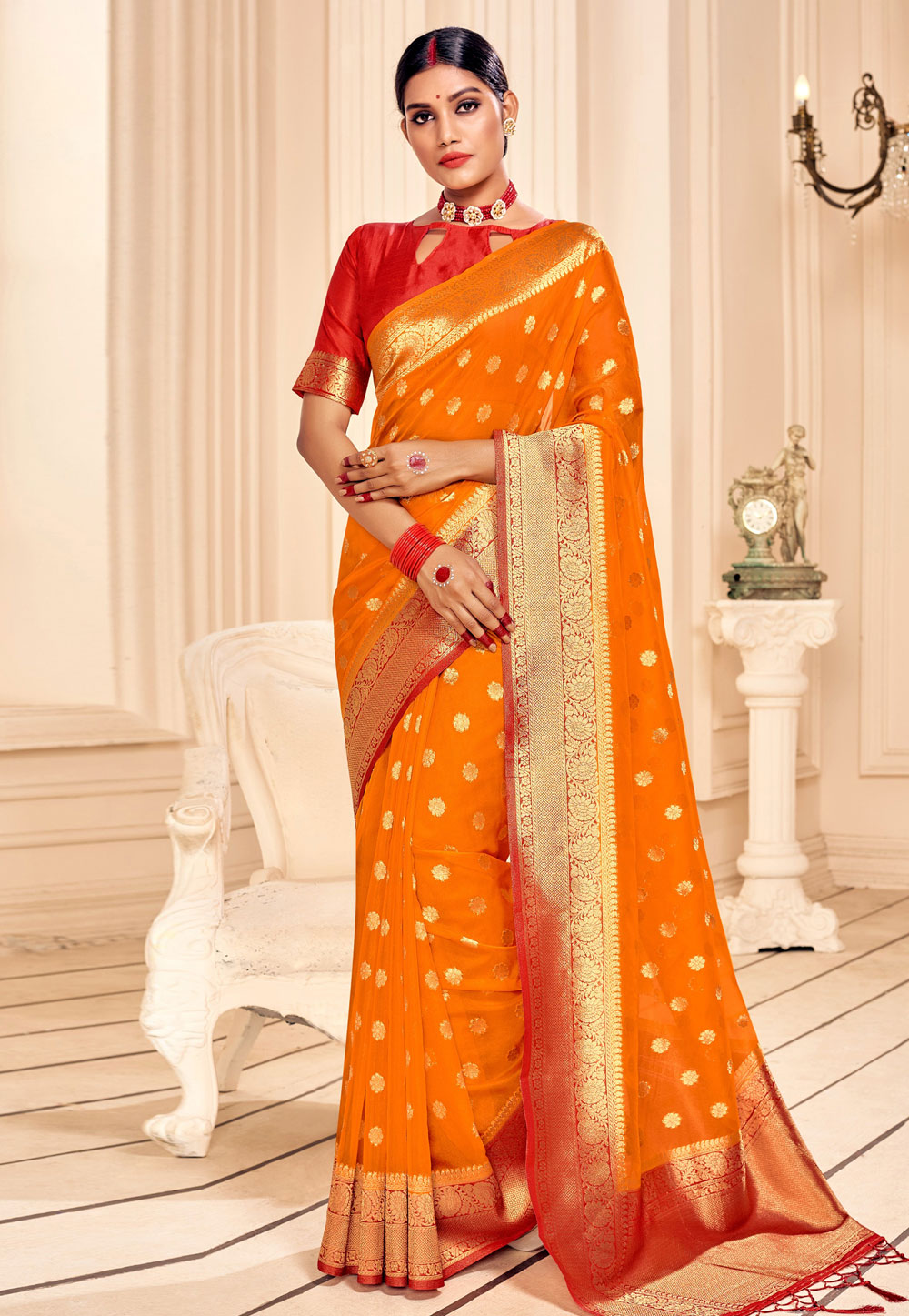 Orange Banarasi Silk Saree With Blouse 242115