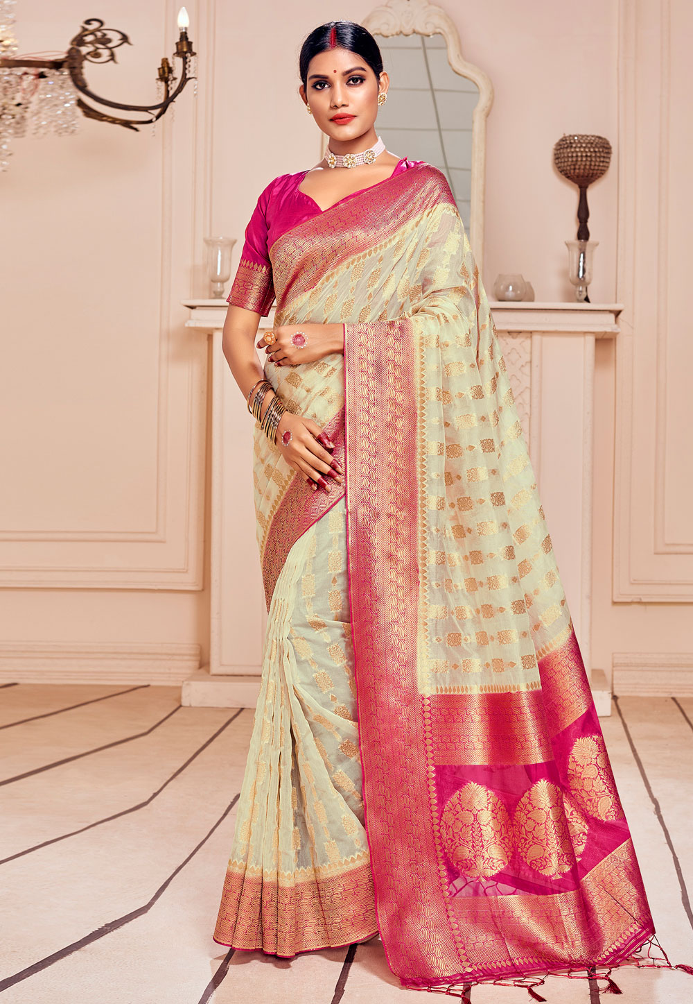 Cream Banarasi Silk Saree With Blouse 242119