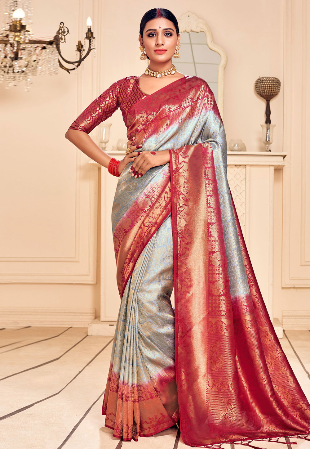 Grey Banarasi Silk Festival Wear Saree 242122