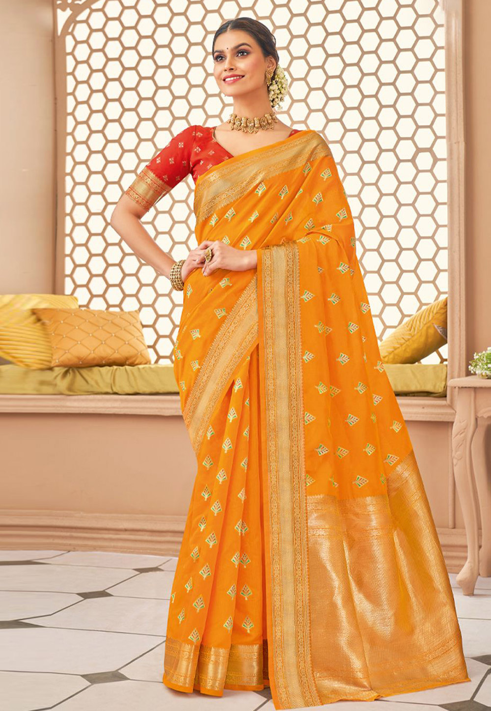 Orange Banarasi Silk Saree With Blouse 242399
