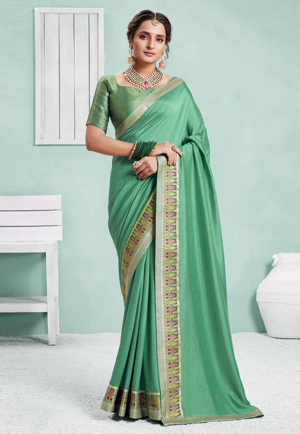 Pista Green Silk Saree With Blouse 242753